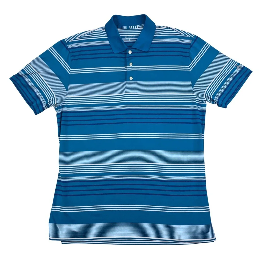 Brooks Brothers Performance Polo Shirt Mens Large Blue Striped Golf Short Sleeve